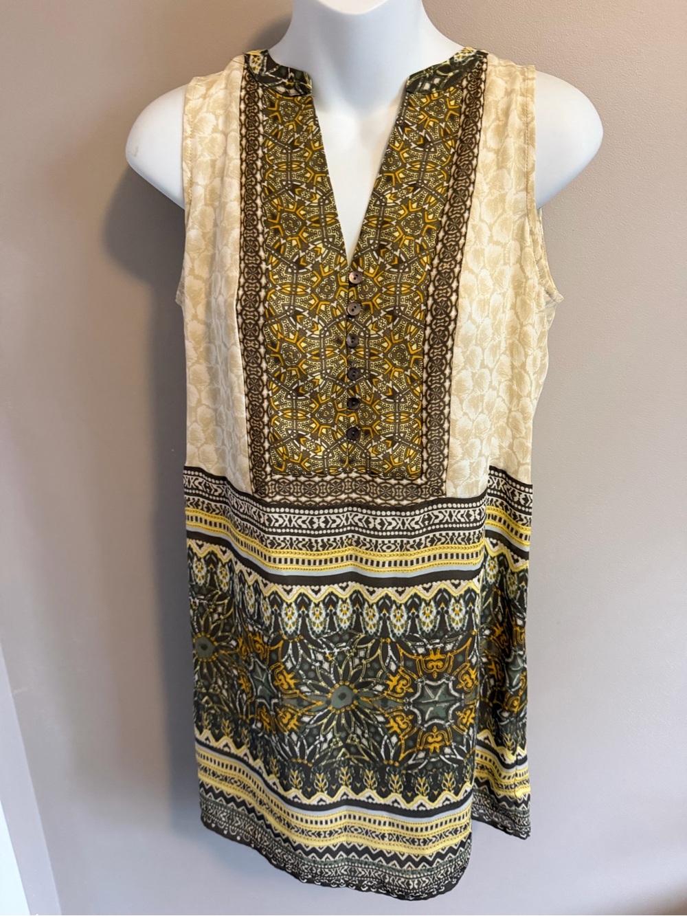 NIC+ZOE Brown Gold Printed Sheer Sleeveless Tunic Top S